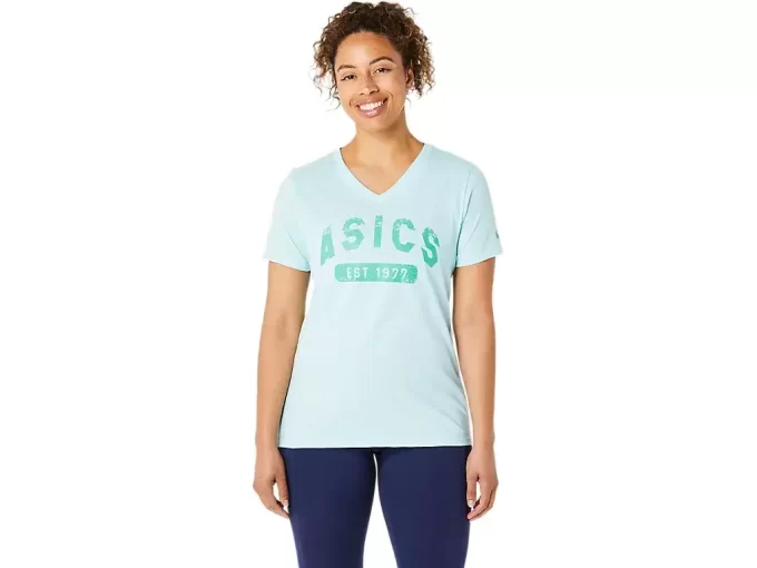 DAMEN-KURZARM-T-SHIRT MIT V-AUSSCHNITT „EST 1977“ DAMEN-KURZARM-T-SHIRT MIT V-AUSSCHNITT „EST 1977“
